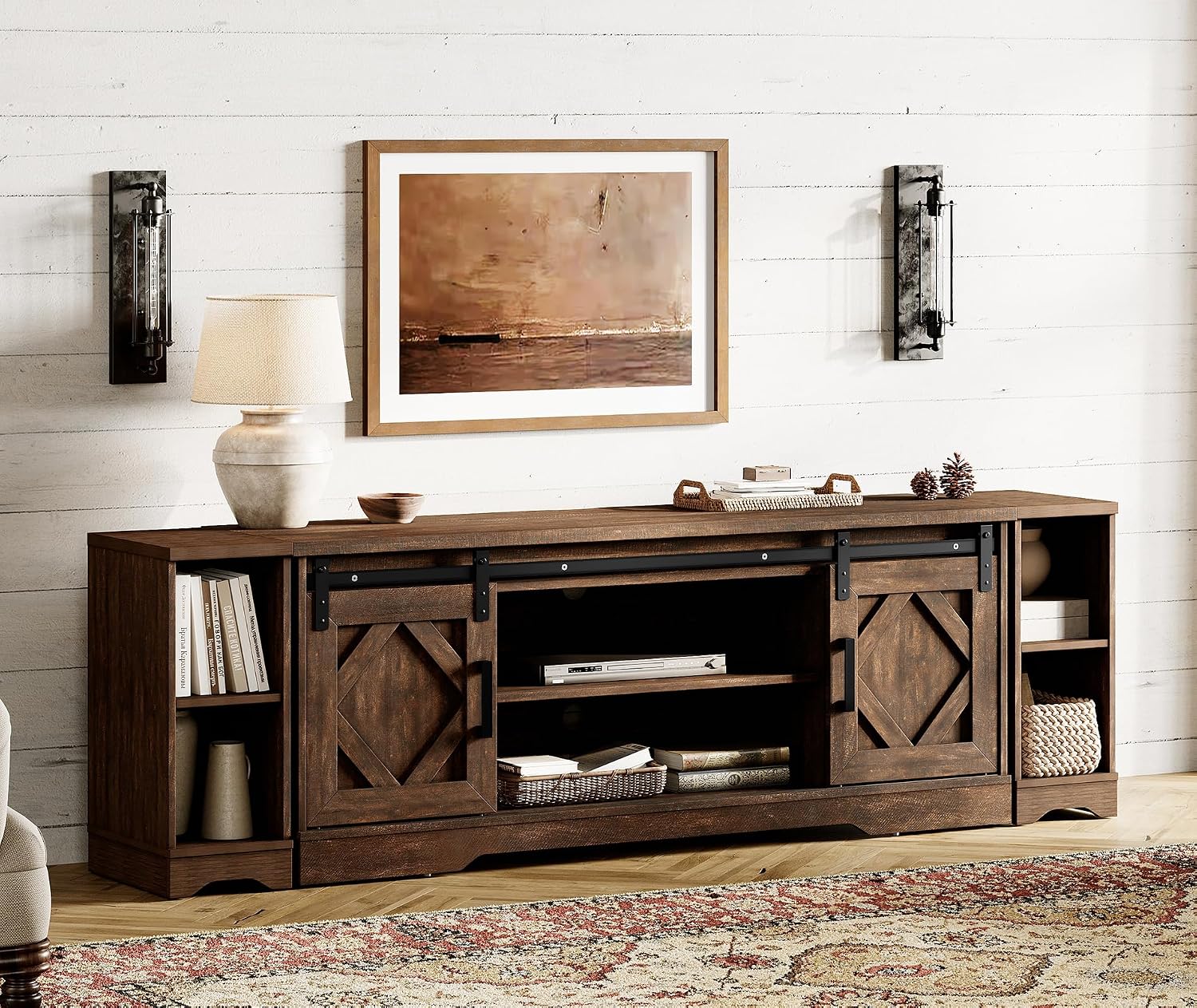 WAMPAT 3-in-1 Modern Farmhouse TV Stand for up to 85' TV, 23.6' H Wood Entertainment Center with Sliding Barn Door and Adjustable Media Storage Shelf for Living Room, Dark Walnut Brown