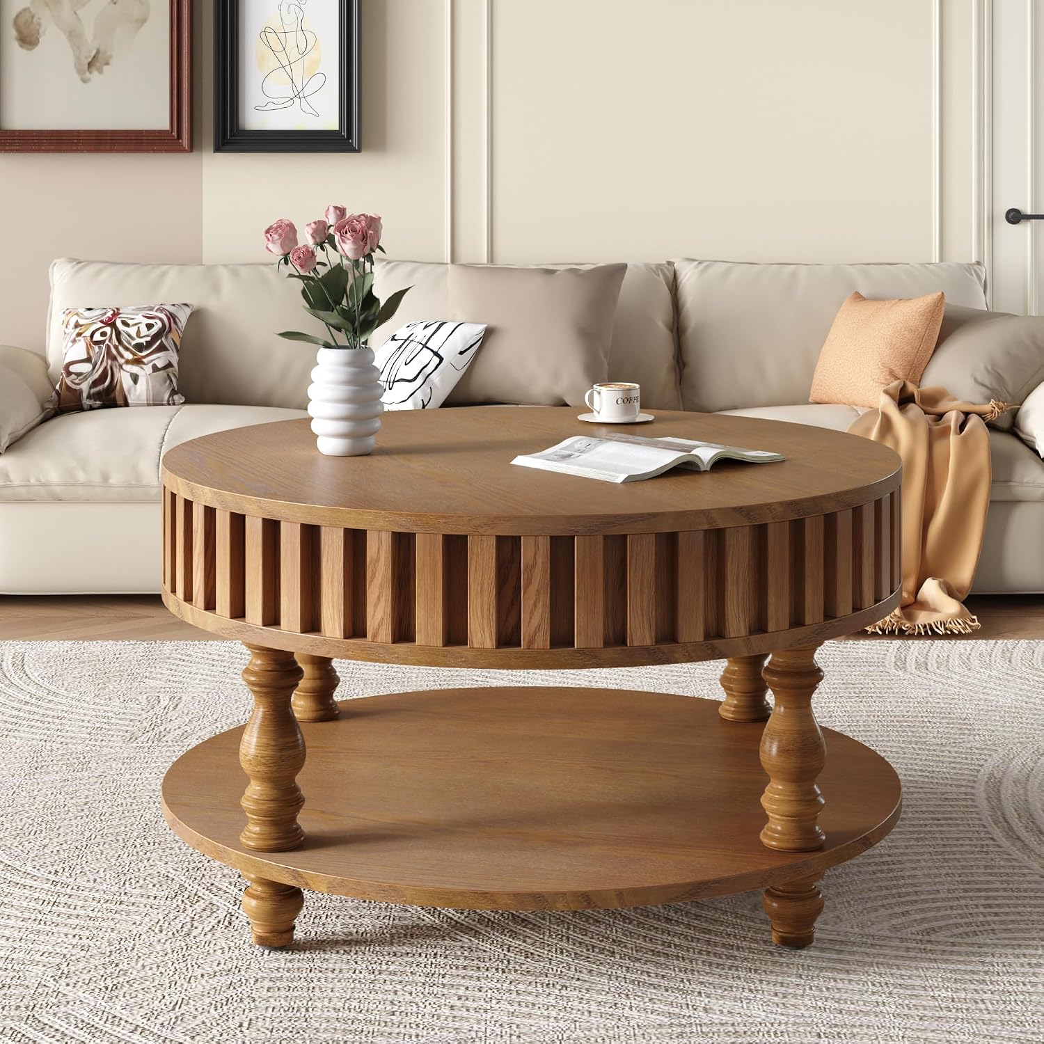 31.49'' Round Coffee Table with Storage Space, 2-Tier Modern Rustic Wood Circle Fluted Coffee Table for Living Room, Moveable Table Top & Easy Assembly, Walnut