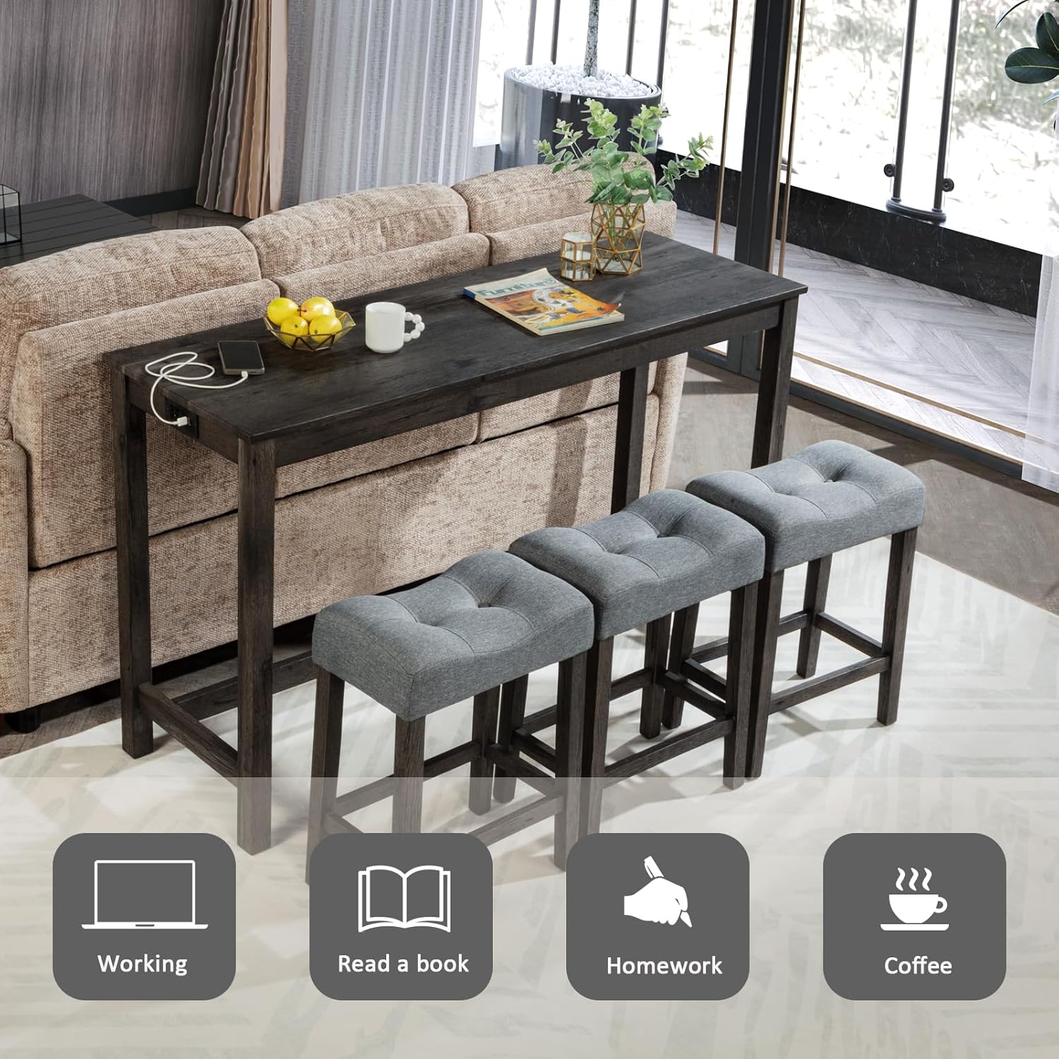 Merax 4 Piece Dining Bar Table Set with Power Outlet,Behind Sofa Couch Table with 3 Linen Fabric Padded Saddle Seat Stools,for Living Room,Dining Room,Dark Gray