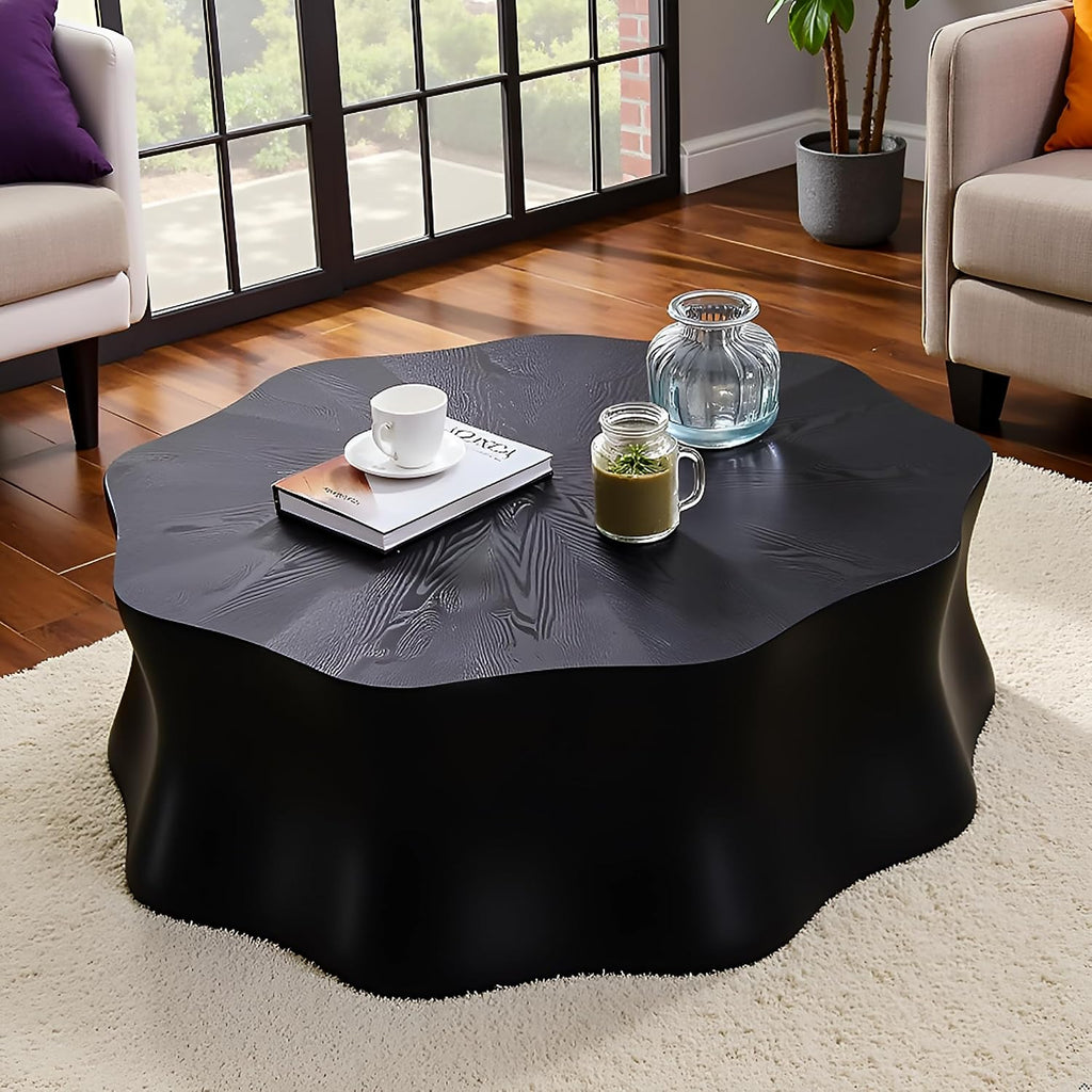 35.4' Square Coffee Table for Small Spaces, Black Flower Petal Design with Sturdy MDF Top, Low Profile Modern Minimalist Accent Center Table for Apartment, Lounge, Office
