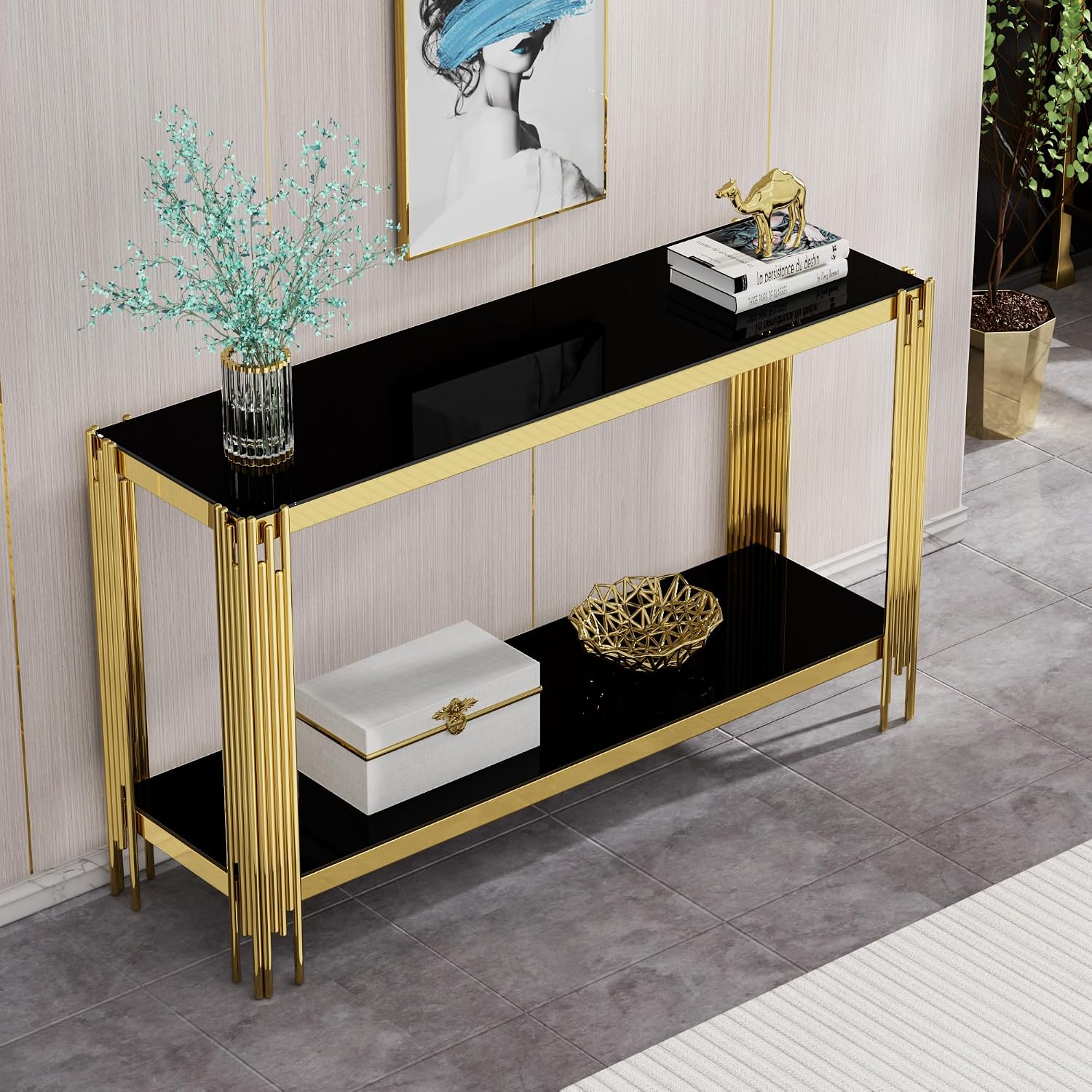 Modern Black Glass Console Table, Luxury 55' Rectangular Sofa Table with Gold Stainless Steel Frame, 2-Tier Console Entryway Table with Storage for Living Room Entrance Hallway