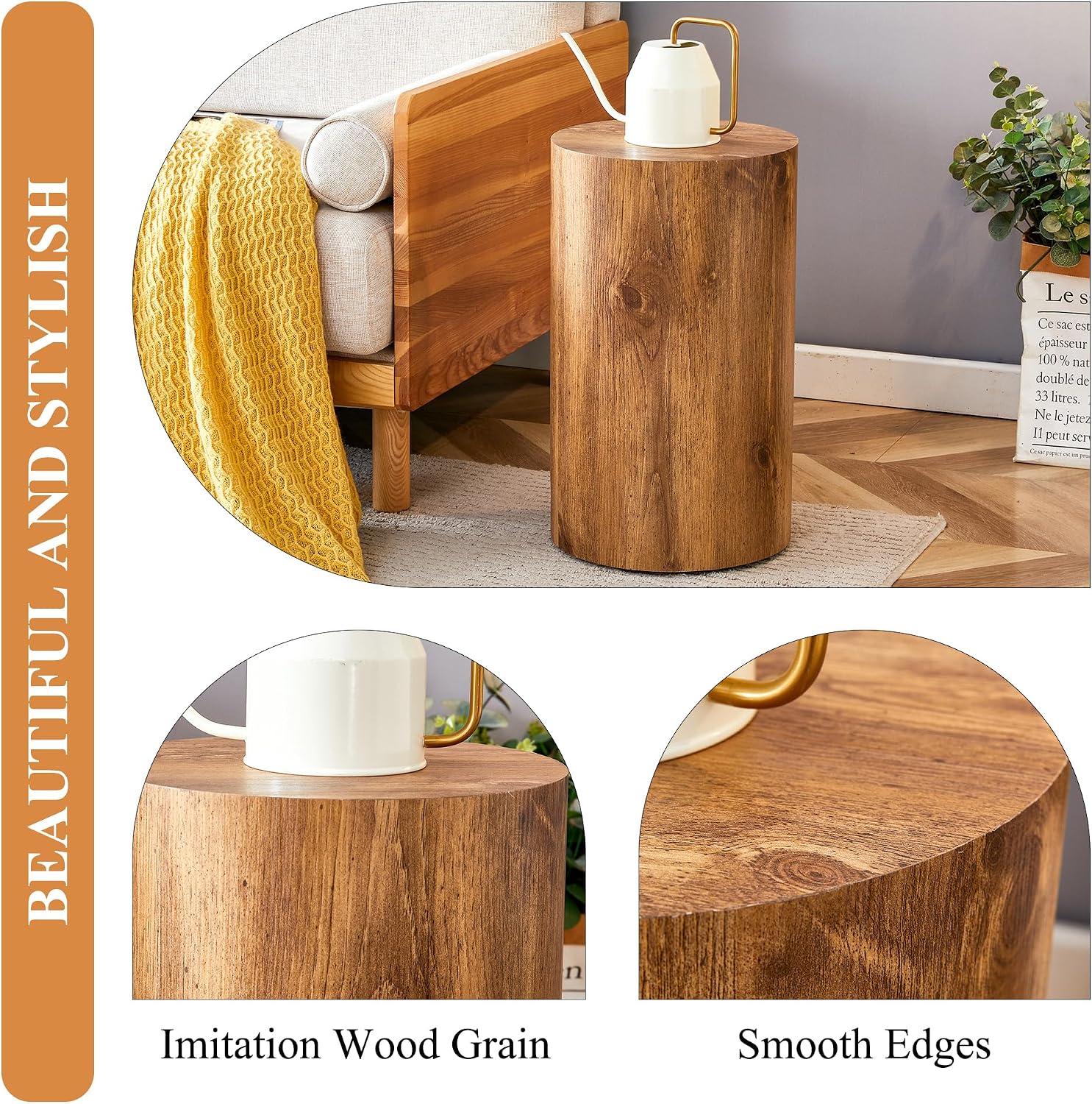 Rustic Brown Small Coffee Table Modern Drum-Shape Bedside Table Nightstand for Bedroom Living Room Round Wood Side End Table Beside Sofa Couch -Fully Assembled (12 x 12 x 19.7 H)