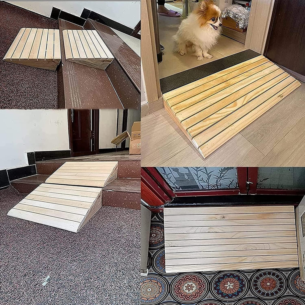GUENZO Threshold Ramp, Front Door Threshold Ramp with Anti-Slip Fluted, 4 Inch Rise Wooden Barrier-Free Transition Ramps for Pets/Kids/Elderly/Disabled, Driveway Curb Ramps(60x90x10cm/23.6x35.4x4in)