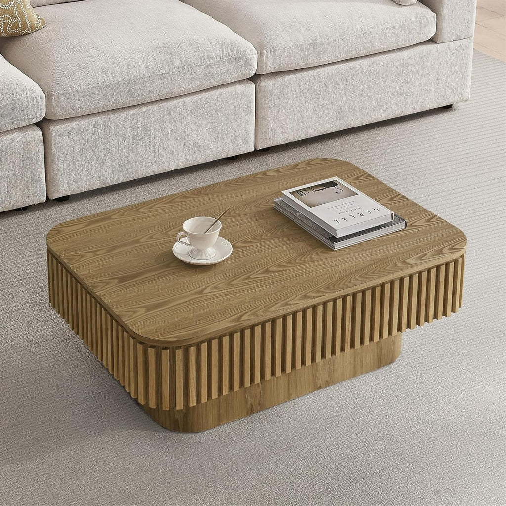 Lift Top Coffee Table for Living Room, Fluted Coffee Tables with Storage, Solid Wood Veneered Modern Accent Tea Center Table for Small Space Apartment (Natural-38.6''D×26.8''H)