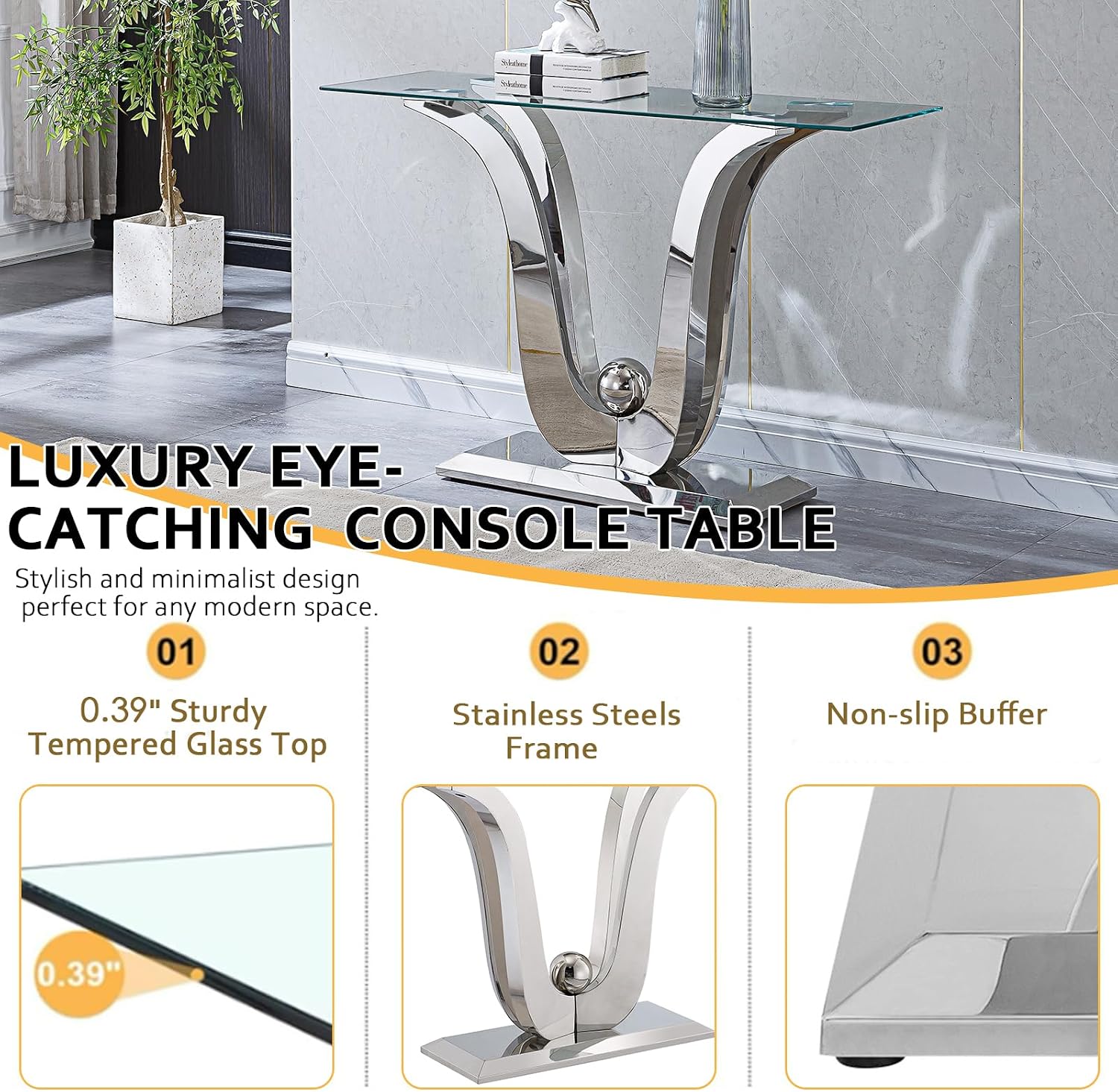 Luxury Glass Coffee Table Set of 2 Piece Silver Living Room Table Set of 2 Including Coffee and End Table Set, Gorgeous Stainless Steel Frame, Clear Glass Top for Living Room Home Office Apartment