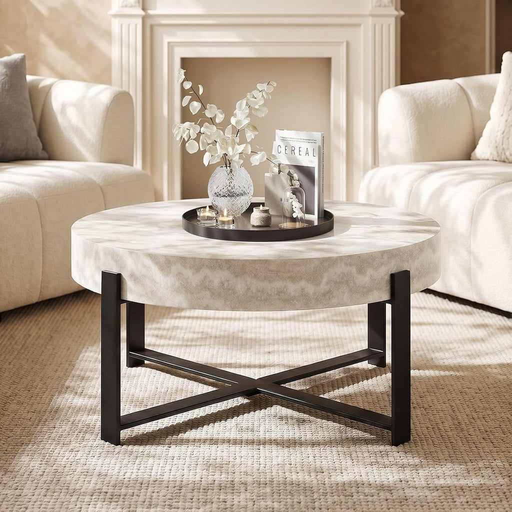 Round Coffee Table, Small Wood Coffee Table with Storage, Modern Wood Circle Table with Metal Frame, Round Accent Center Tables for Living Room Apartment Small Space