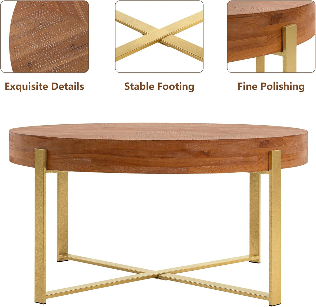 Setawix Farmhouse Round Coffee Table for Living Room, 33.86' Small Side End Table, Wood Retro Splicing Coffee Table, Modern Accent Coffee Table Entry Way Table with Gold Metal Cross Leg