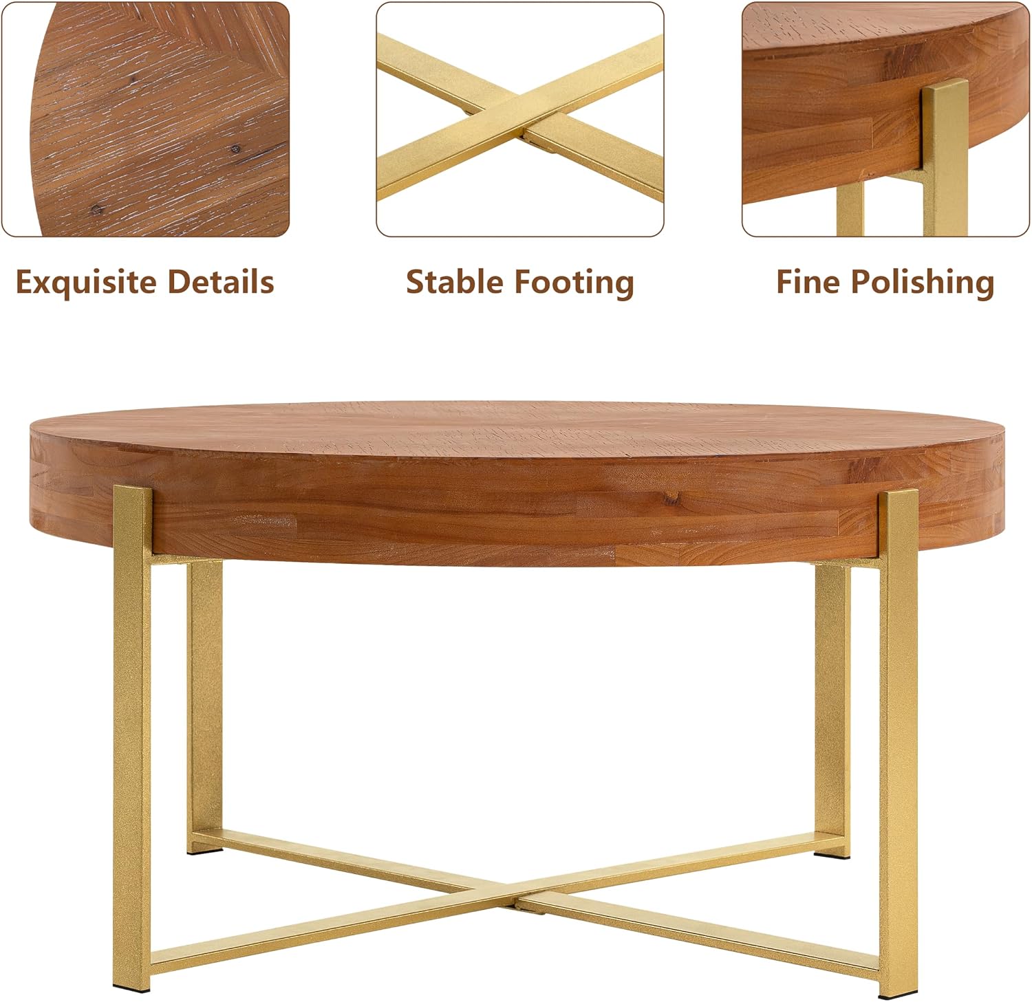 Setawix Farmhouse Round Coffee Table for Living Room, 33.86' Small Side End Table, Wood Retro Splicing Coffee Table, Modern Accent Coffee Table Entry Way Table with Gold Metal Cross Leg