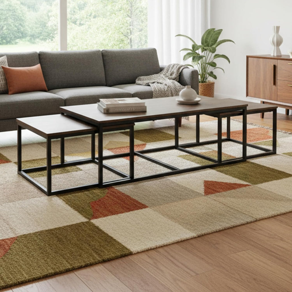 Arcadia 3-Piece Nesting Coffee Table Set – 54' Large Table with Two 26' Small Tables – Industrial Farmhouse Style with Solid Acacia Wood & Metal Sled Legs by Alaterre Furniture (Antiqued Mocha)