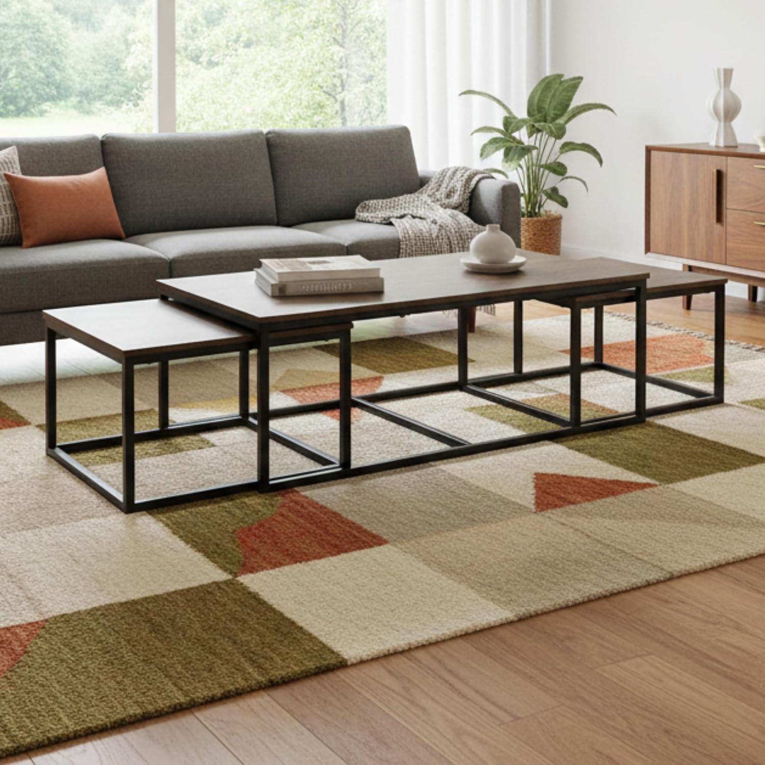 Arcadia 3-Piece Nesting Coffee Table Set – 54' Large Table with Two 26' Small Tables – Industrial Farmhouse Style with Solid Acacia Wood & Metal Sled Legs by Alaterre Furniture (Antiqued Mocha)