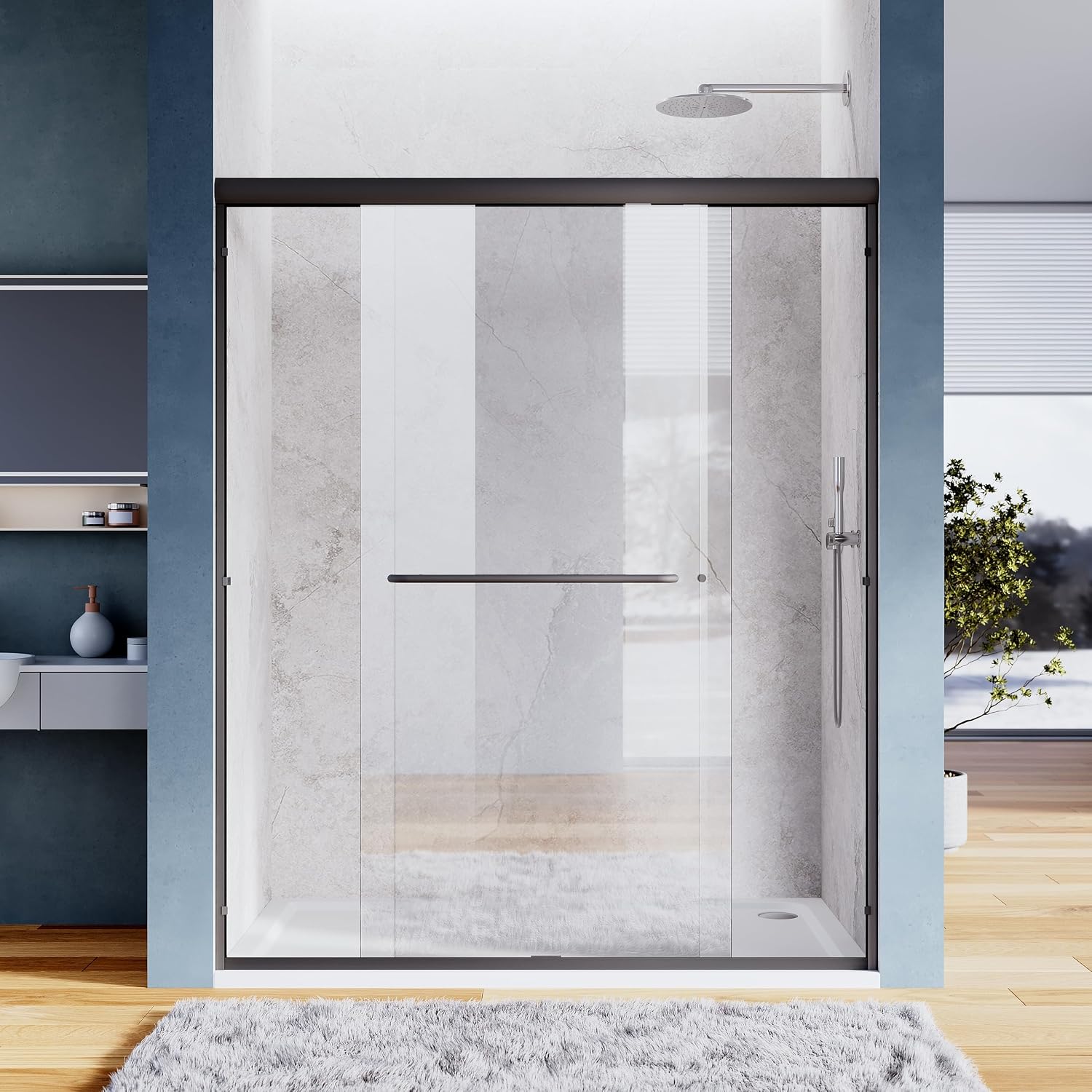 SUNNY SHOWER 54 x 72 Bypass Sliding Shower Door 1/4 Clear Glass Semi-Frameless Shower Door Stainless Steel Hardware Glass Door Black Finish, Black