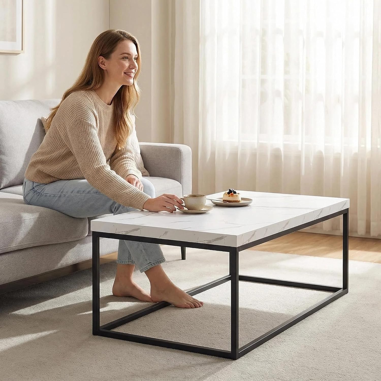 CENSI 47-Inch White Marble Coffee Table Ottoman Center Table for Living Room, Rectangle Modern Industrial Style,Wood and Metal (Marble)