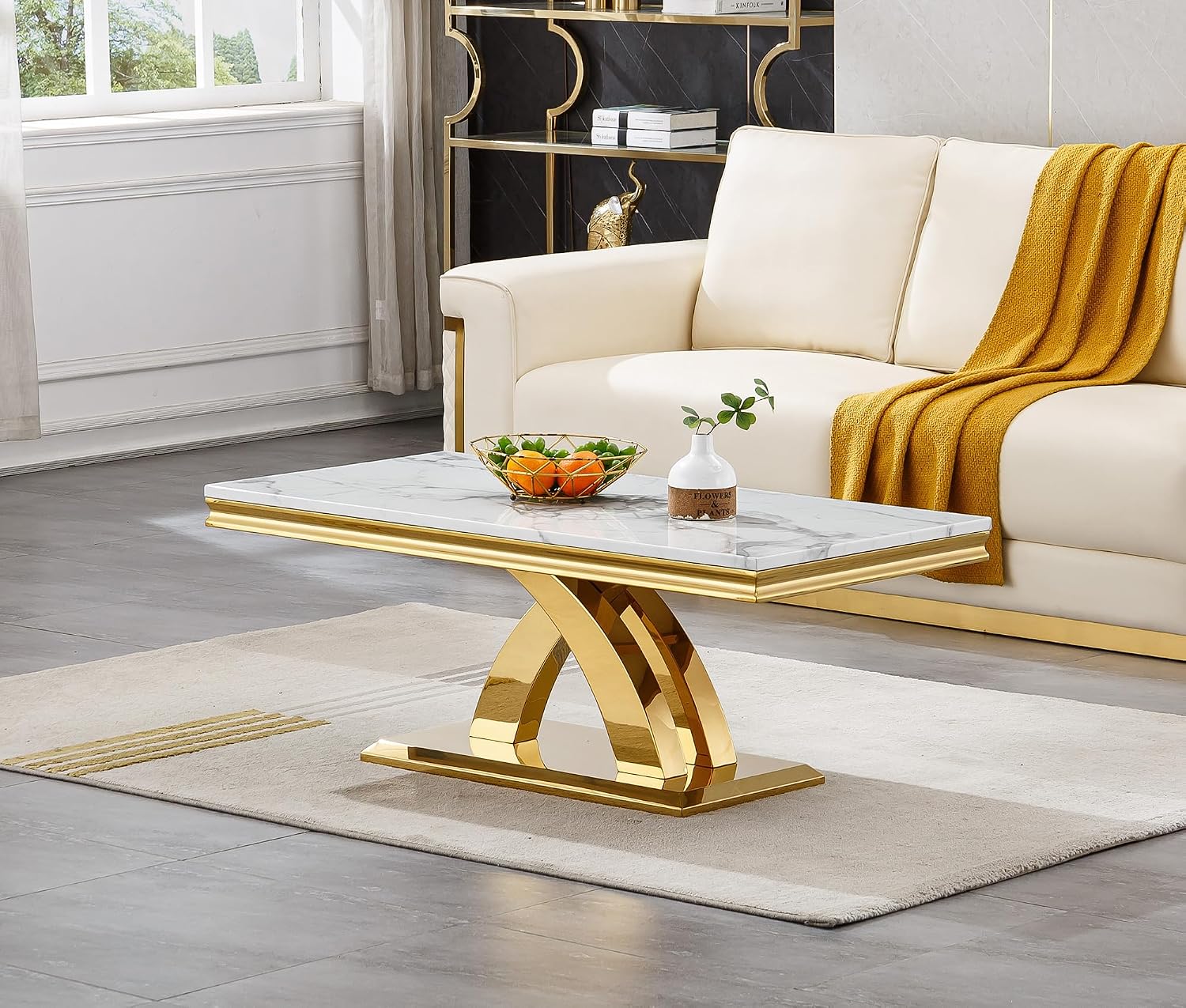 Modern Rectangle Coffee Table, 47-inch Coffee Tables for Living Room, White Faux Marble Coffee Table Accent Cocktail Table with Gold Stainless Steel X-Shape Frame for Home Office