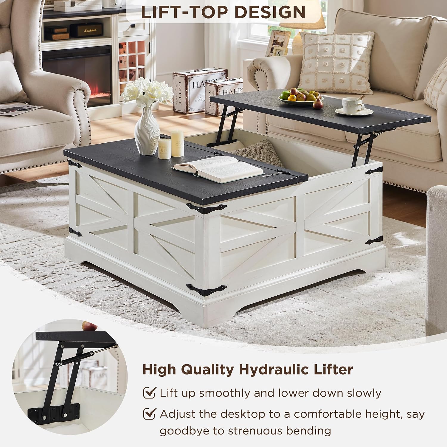 JXQTLINGMU 3-Piece Farmhouse Coffee Table and End Table Sets, Includeds 36' Lift Top Square Coffee Table w/Storage & 2 Rustic Wood End Tables w/Charging Station & Barn Doors for Living Room, White