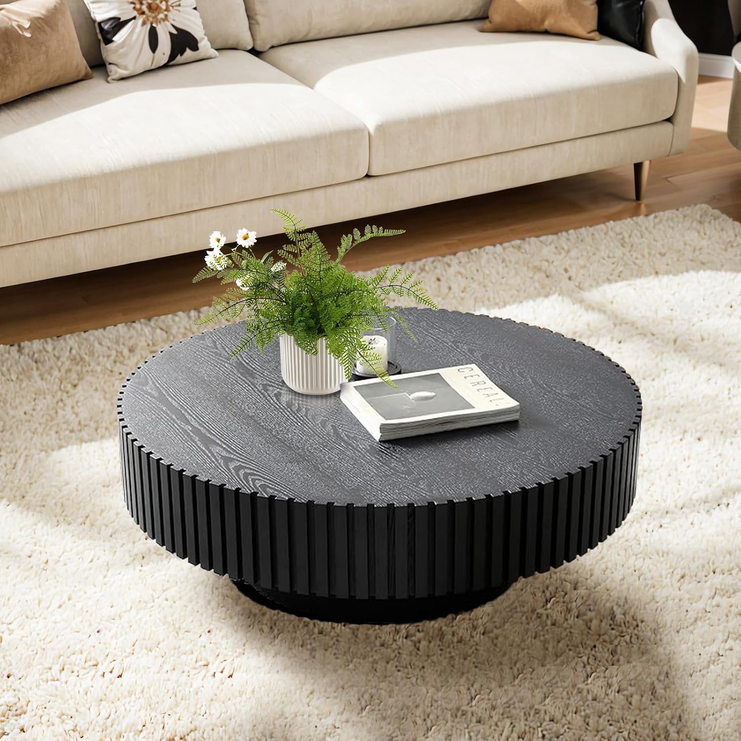 Black Fluted Coffee Table Mid Century Circle Center Tables for Living Room Chic Round Drum End Table for Small Space Easy Assembly (Round Black 31.5in)