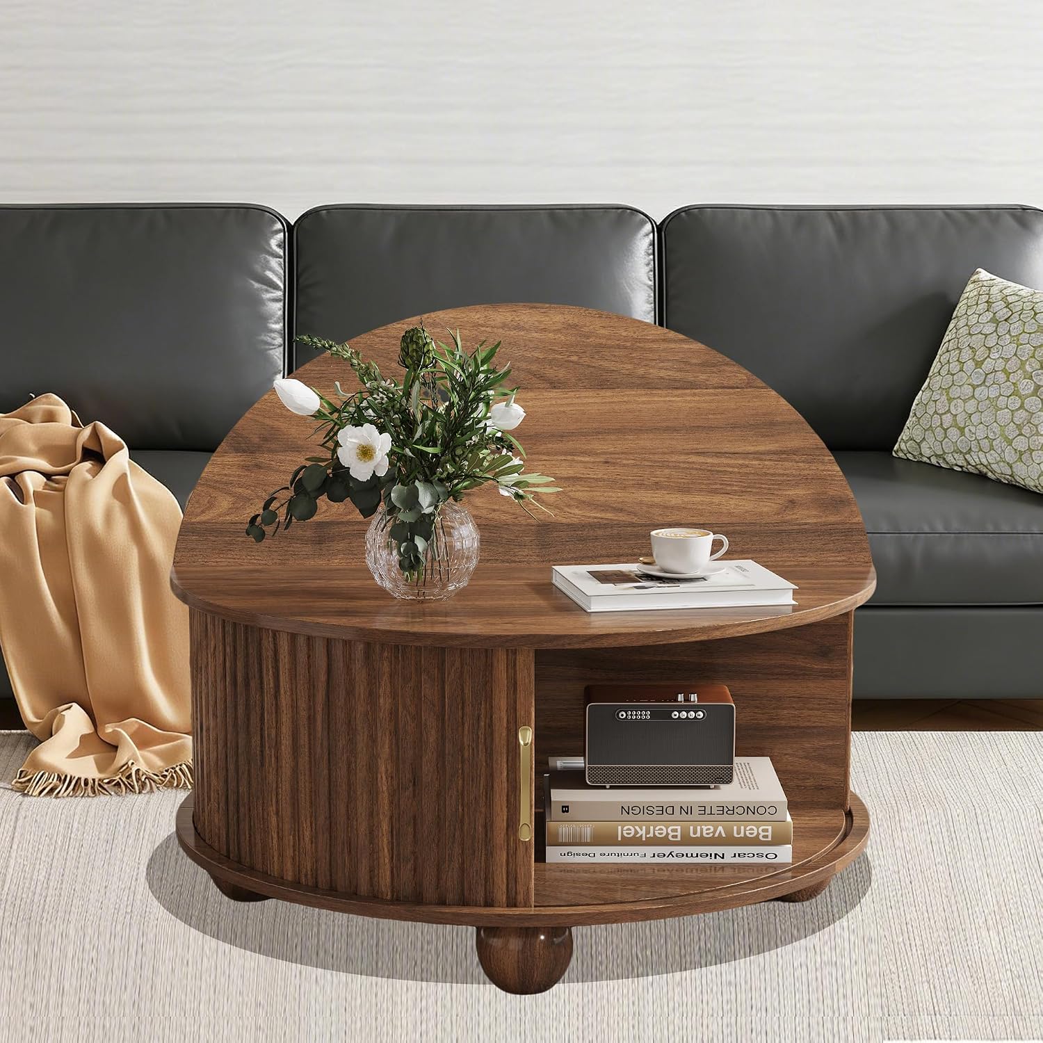 Round Coffee Table with Storage, Fluted Center Table with Sliding Tambour Door and Open Shelves, Mid Century Small Coffee Table for Living Room, Small Space, Walnut