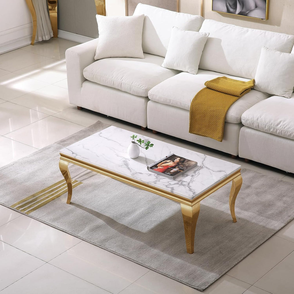 47' Marble Coffee Table for Living Room, Modern White Coffee Table with Gold Stainless Steel S-Shaped Legs, Faux Marble Rectangle Center Table Accent Cocktail Table for Home,Office
