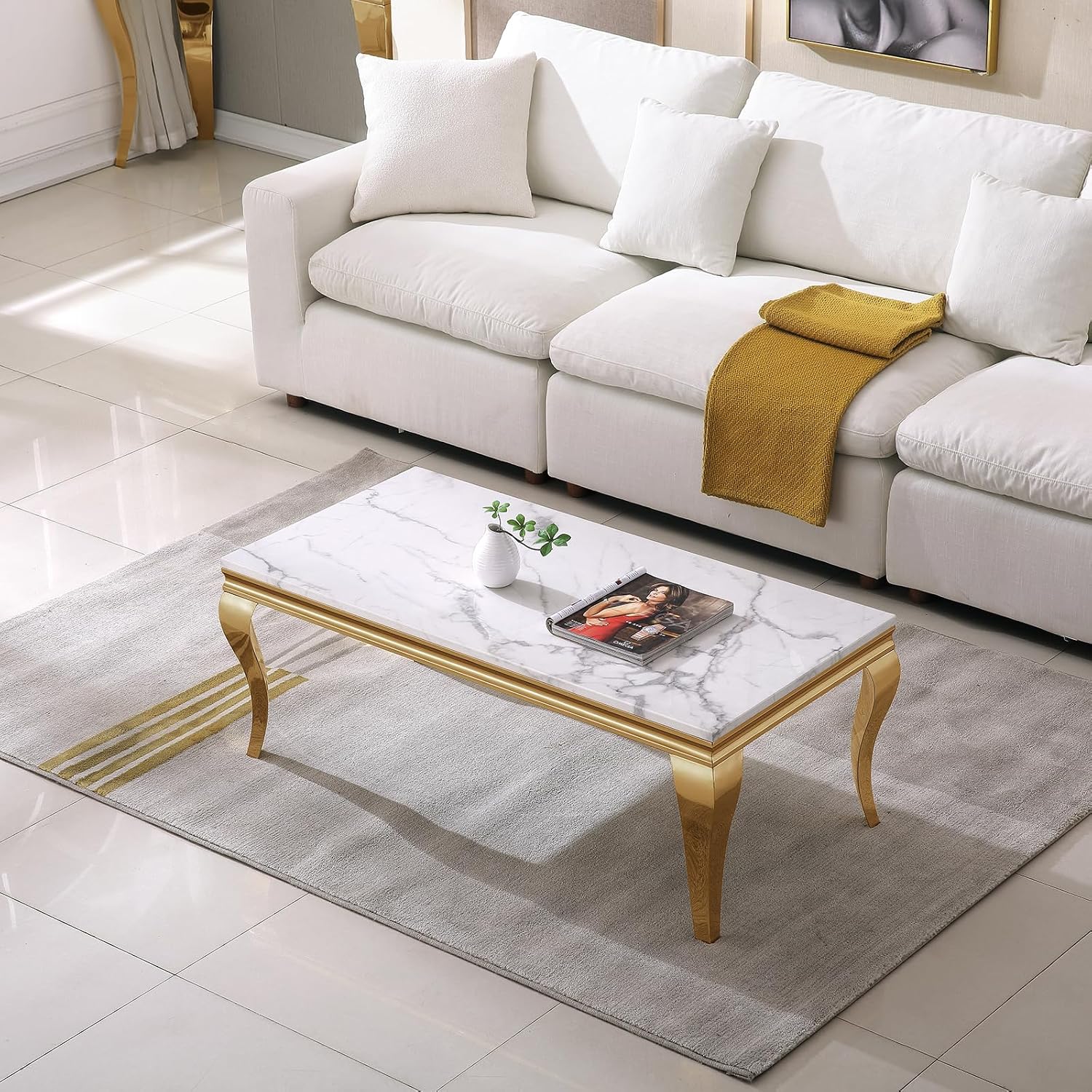 47' Marble Coffee Table for Living Room, Modern White Coffee Table with Gold Stainless Steel S-Shaped Legs, Faux Marble Rectangle Center Table Accent Cocktail Table for Home,Office