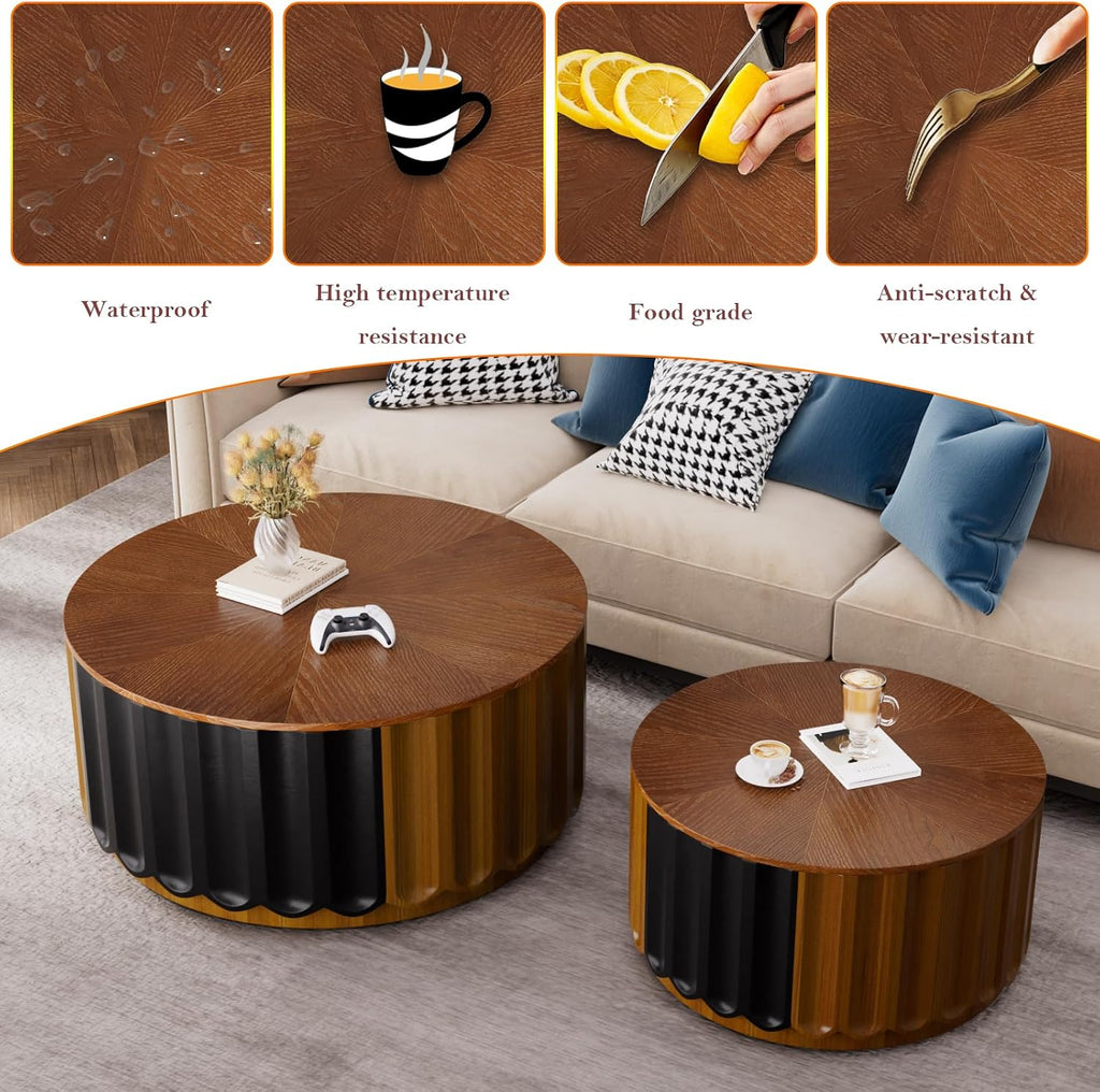 Round Nesting Coffee Table with Storage Stylish Chic Wooden Circle Center Table - Handcraft Relief Veneer for Living Room Study Balcony (F 26.8+19.7in)