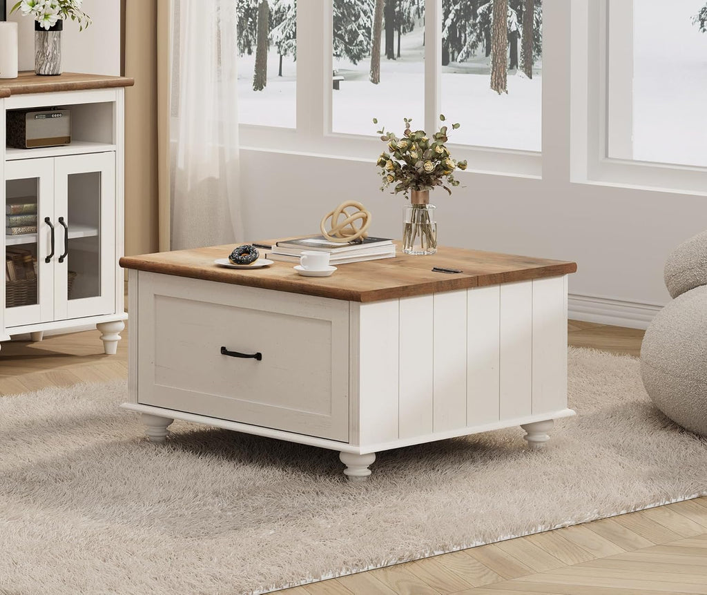 WAMPAT 3 Pieces Living Room Table Set, Set of 2 Nightstands Side Tables with Charging Station, One Square Coffee Table with Lift Top & Cabinet, White