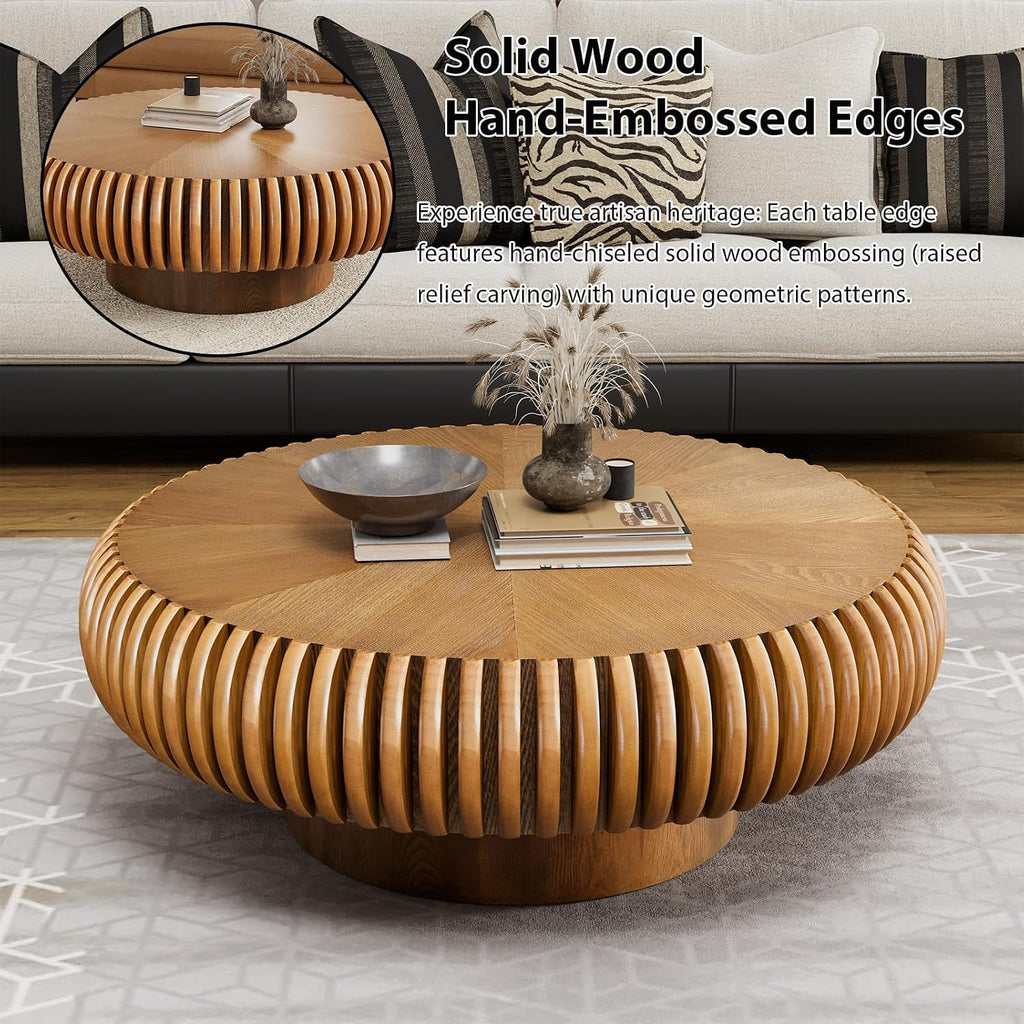 Modern Wood Round Fluted Coffee Table, Unique Brown Circular Drum Coffee Tables Mid Century Modern Handcrafted Circle Fluted Center Table for Small Space Living Room Reception Room, Apartment