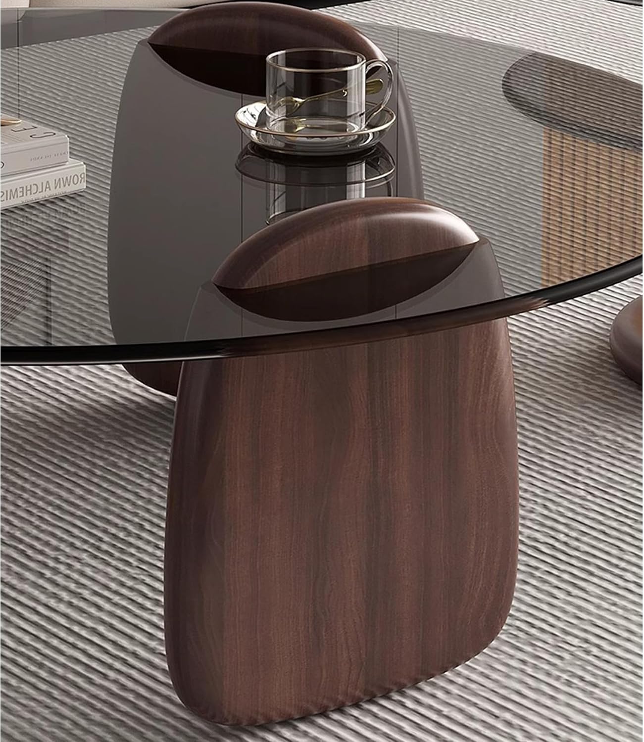 EASYSOUL Modern Round Coffee Table with Glass Top, 35.43' L x 35.43' W x 14.69' H, Circular Tea Tables for Living Room Home Office Industrial Cocktail Tables (Walunt-Grey Glass/35.43')