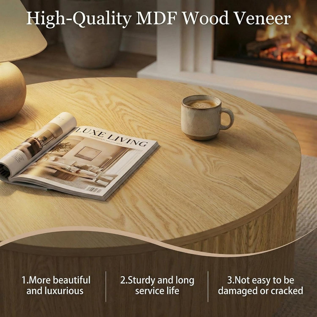 Round Coffee Table, Fluted Coffee Table with Storage, Modern Living Room Table Beside Sofa, Circle Coffee Table for Living Room, Couch, Conference Room
