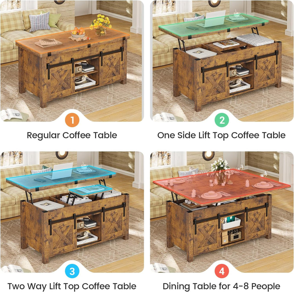SEDETA Lift Top Coffee Table, 4 in 1 Convertible Coffee Tables with Storage and Hidden Compartment for Living Room, Farmhouse Coffee Table Converts to Dining Table, Dining Reception Room, Rustic Brown