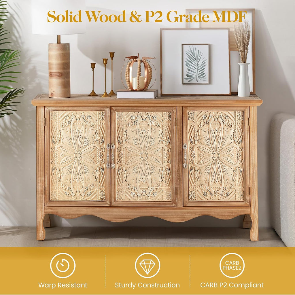 RoyalCraft Farmhouse Sideboard Buffet Cabinet with Storage, 49' Solid Wood Credenza Buffet Table Coffee Bar Wine Bar Storage Cabinet with 3 Doors for Dining Room Living Room Hallway, (Provence Grain)