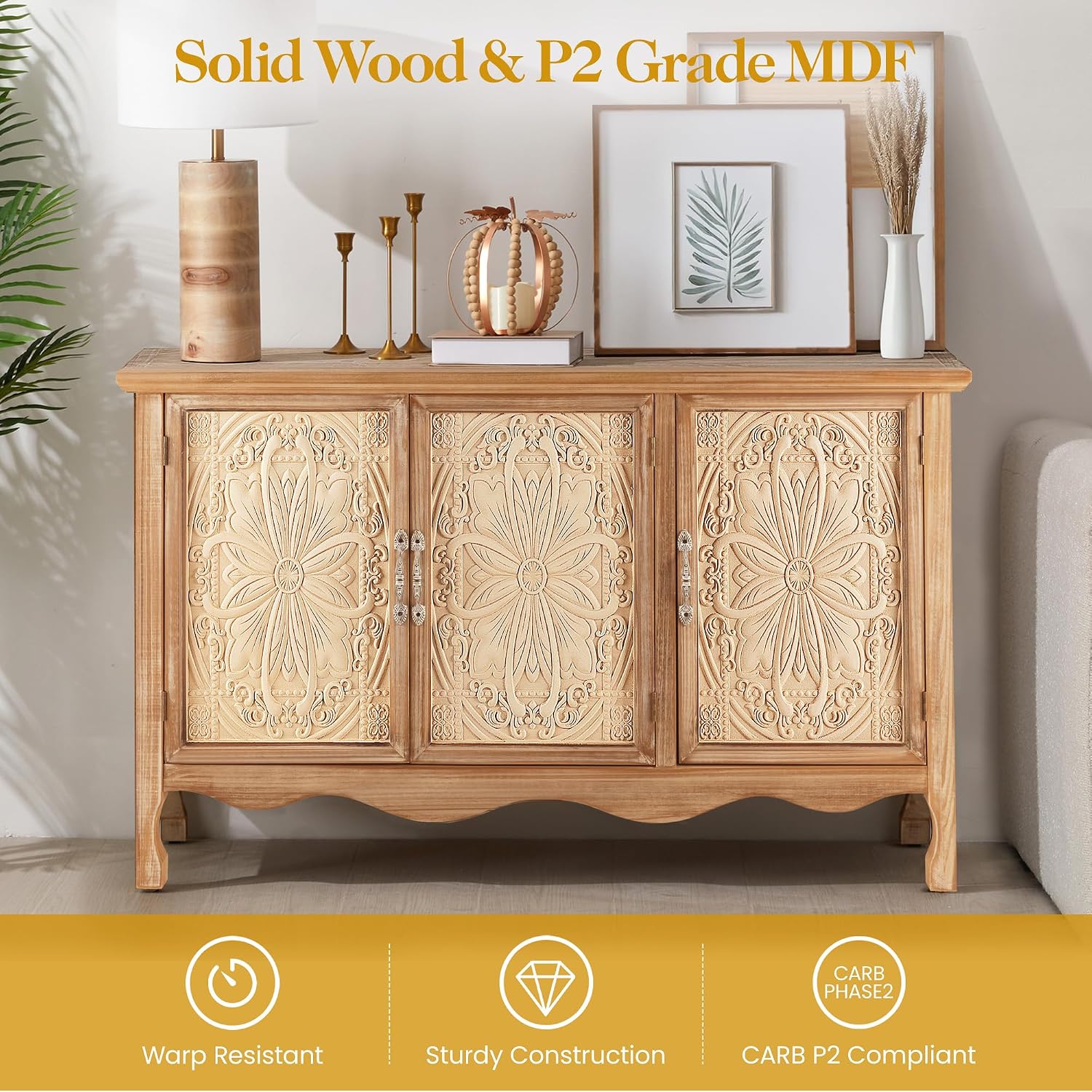 RoyalCraft Farmhouse Sideboard Buffet Cabinet with Storage, 49' Solid Wood Credenza Buffet Table Coffee Bar Wine Bar Storage Cabinet with 3 Doors for Dining Room Living Room Hallway, (Provence Grain)