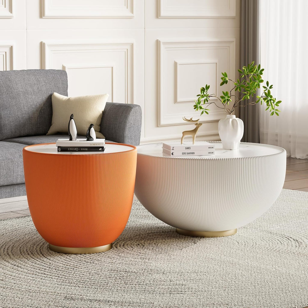 Round Coffee Table Set of 2, Sintered Stone White Coffee Table with Orange End Table, Nesting Tables for Living Room, Accent Side Table for Apartment Home Office, No Need Assembly