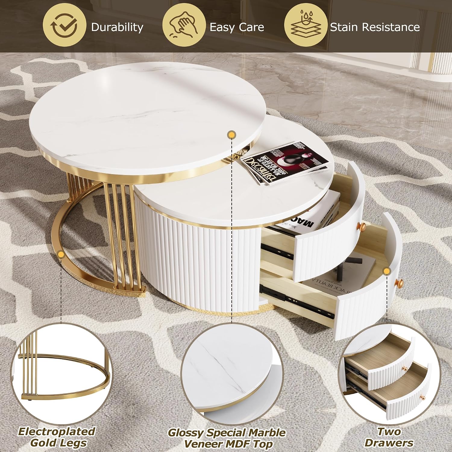 Merax 2 Pieces Modern Round Nesting Coffee Table with 2 Drawers, for Living Room, Small Space, Apartment, Gold+White
