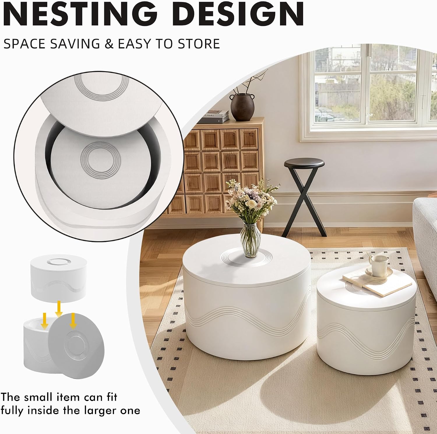 Round Nesting Coffee Table Set of 2, White Modern Coffee Table with Hidden Storage, Circle Coffee Tables for Living Room, No-Assembly Space-Saving Center Table End Side Table for Home Office