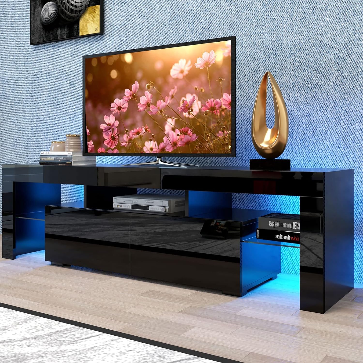 Black LED TV Stand for 50/60/70 Inch TVs with Color Change LED Lighting, Universal Entertainment Center for Video Gaming, Movies, and Home Decor, Clear Glass Shelving (Black3)