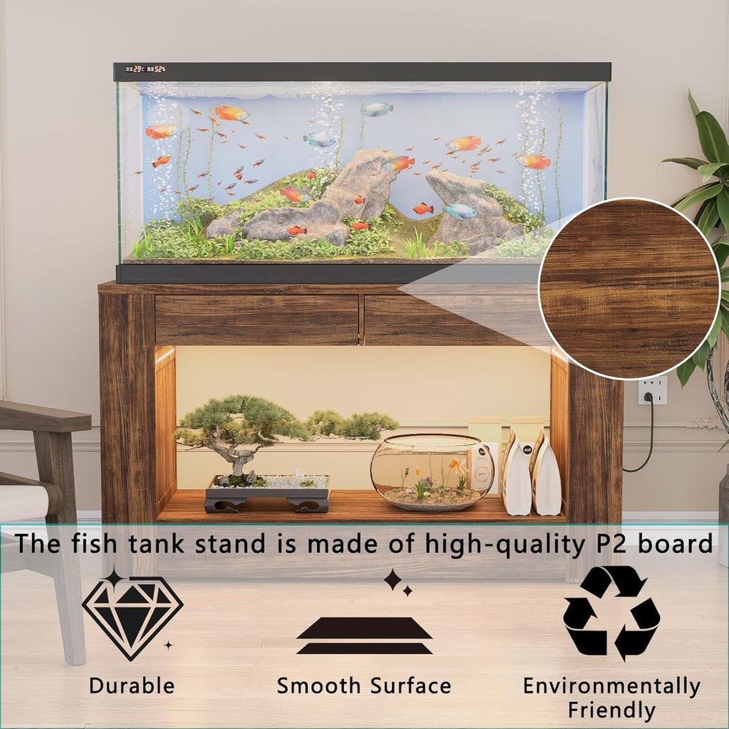 55–75/90 Gallon Aquarium Stand,Heavy-Duty 48' Turtle Reptile Fish Tank Stand With Storage Drawers, Reinforced Metal Frame, LED Lighting, Power Outlets (Rustic Brown)