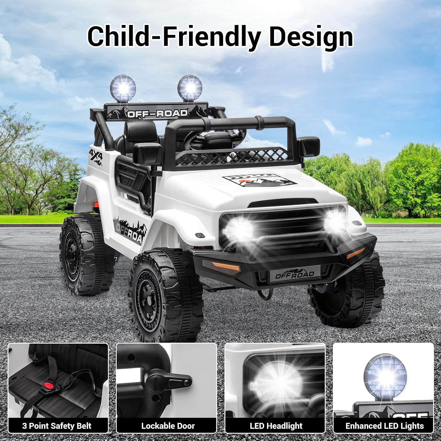 SEHOMY 12V Kids Ride On Truck with Parent Remote, 4 Wheelers Battery Powered Electric Toys Car for Kids - 3 Speed, Spring Suspension, LED Lights, Safety Start, Music, Kids Electric Vehicles White