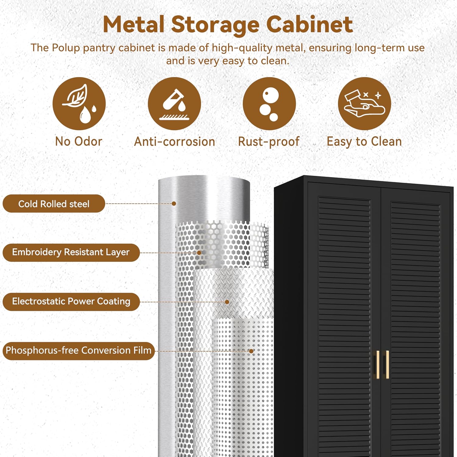 Polup 75' Metal Storage Cabinet with Doors and Shelves, Black Kitchen Pantry Cabinet, 6-Tier Freestanding Tall Storage Cabinet for Garage, Office, Bathroom, Laundry Room, Dining Room