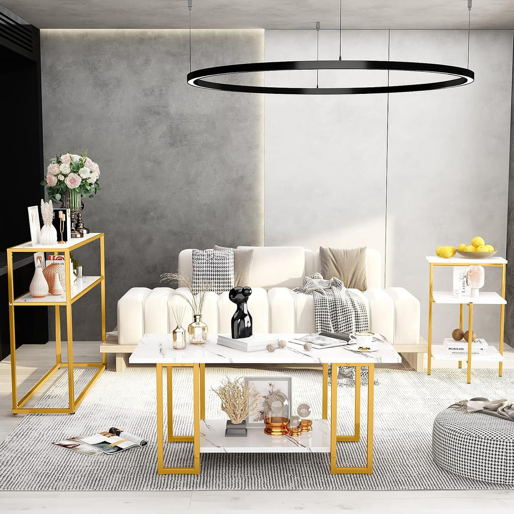 Lamerge Marble Coffee Table Set - 3 Piece Living Room Table Set with Metal Frame, Gold+White