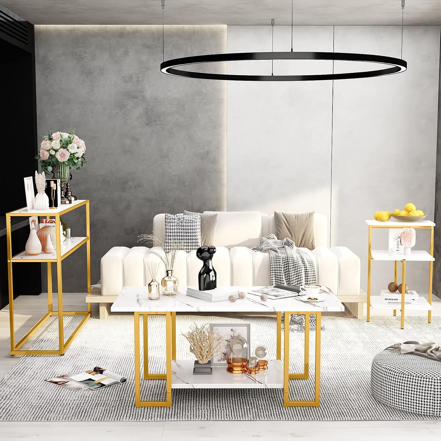 Lamerge Marble Coffee Table Set - 3 Piece Living Room Table Set with Metal Frame, Gold+White