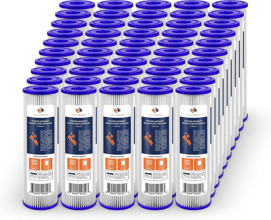 Aquaboon 5 Micron 10x2.5 Whole House Pleated Sediment Filter Cartridge for Well Water Filter Replacement Compatible with WFPFC3002, WHKF-WHPL, 50-Pack