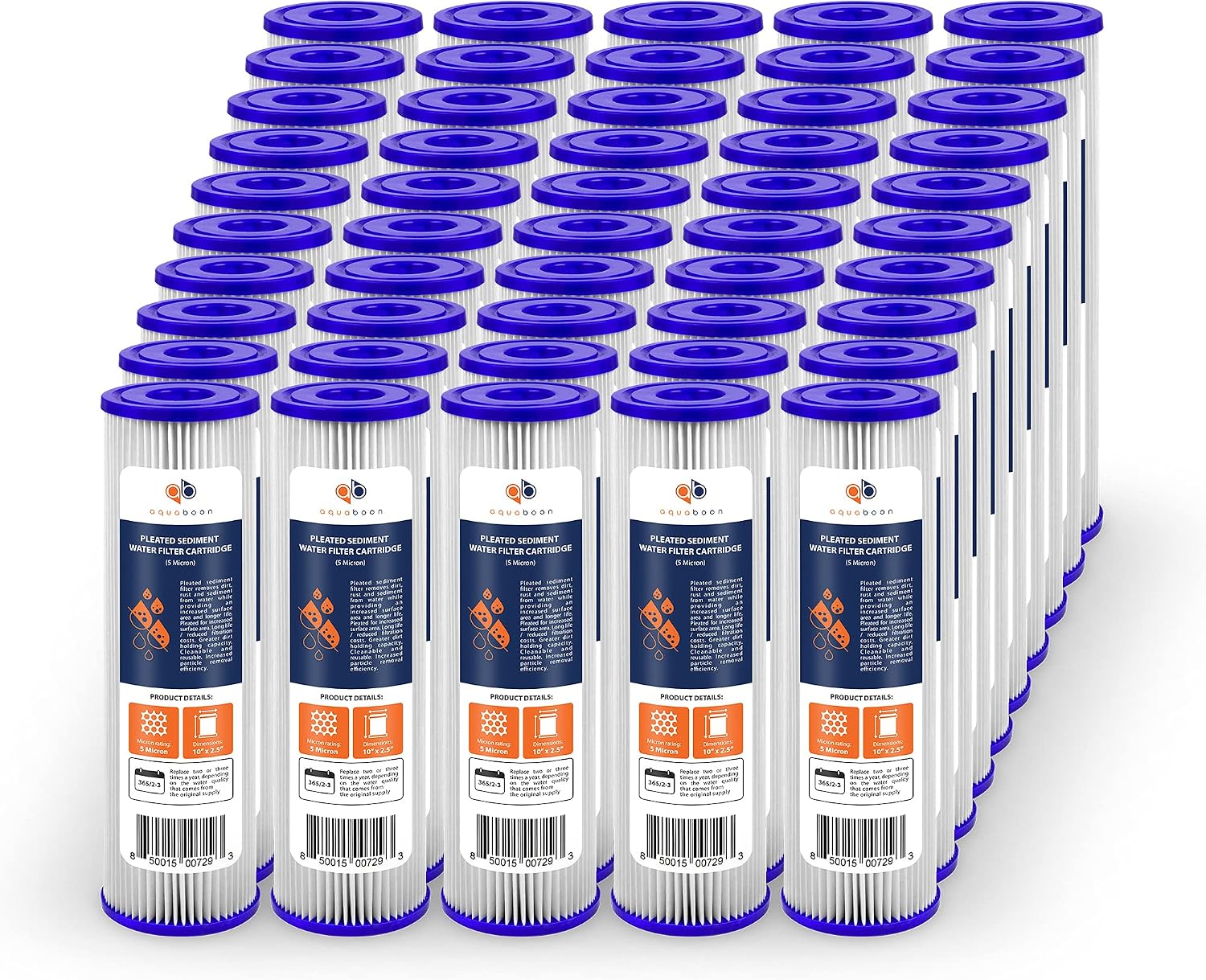 Aquaboon 5 Micron 10x2.5 Whole House Pleated Sediment Filter Cartridge for Well Water Filter Replacement Compatible with WFPFC3002, WHKF-WHPL, 50-Pack