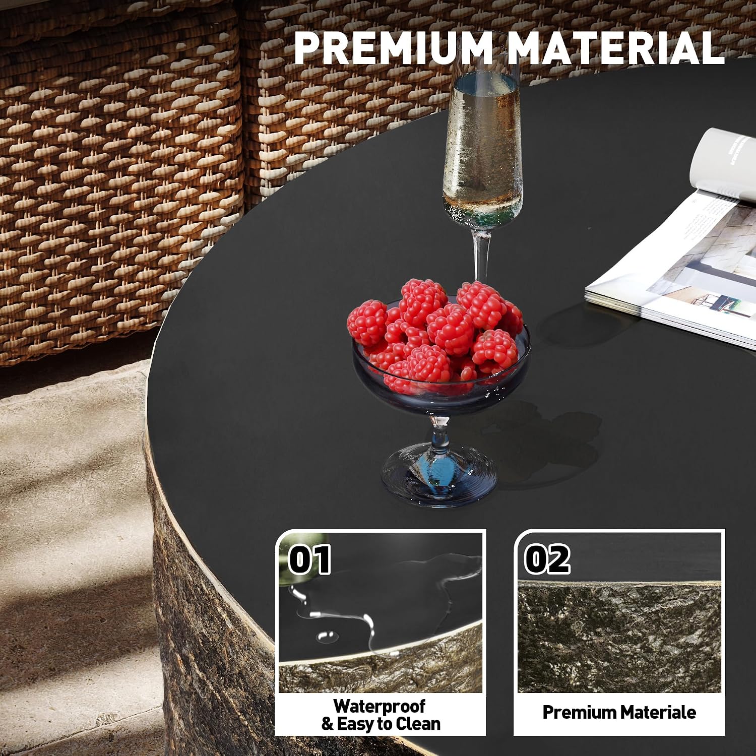 Patio Watcher 28' Modern Round Coffee Table, Light Concrete Textured Center Table for Living Room, Stone Accent Coffee Tea Table for Apartment, 28'×28'×13', No Assembly, Bronze