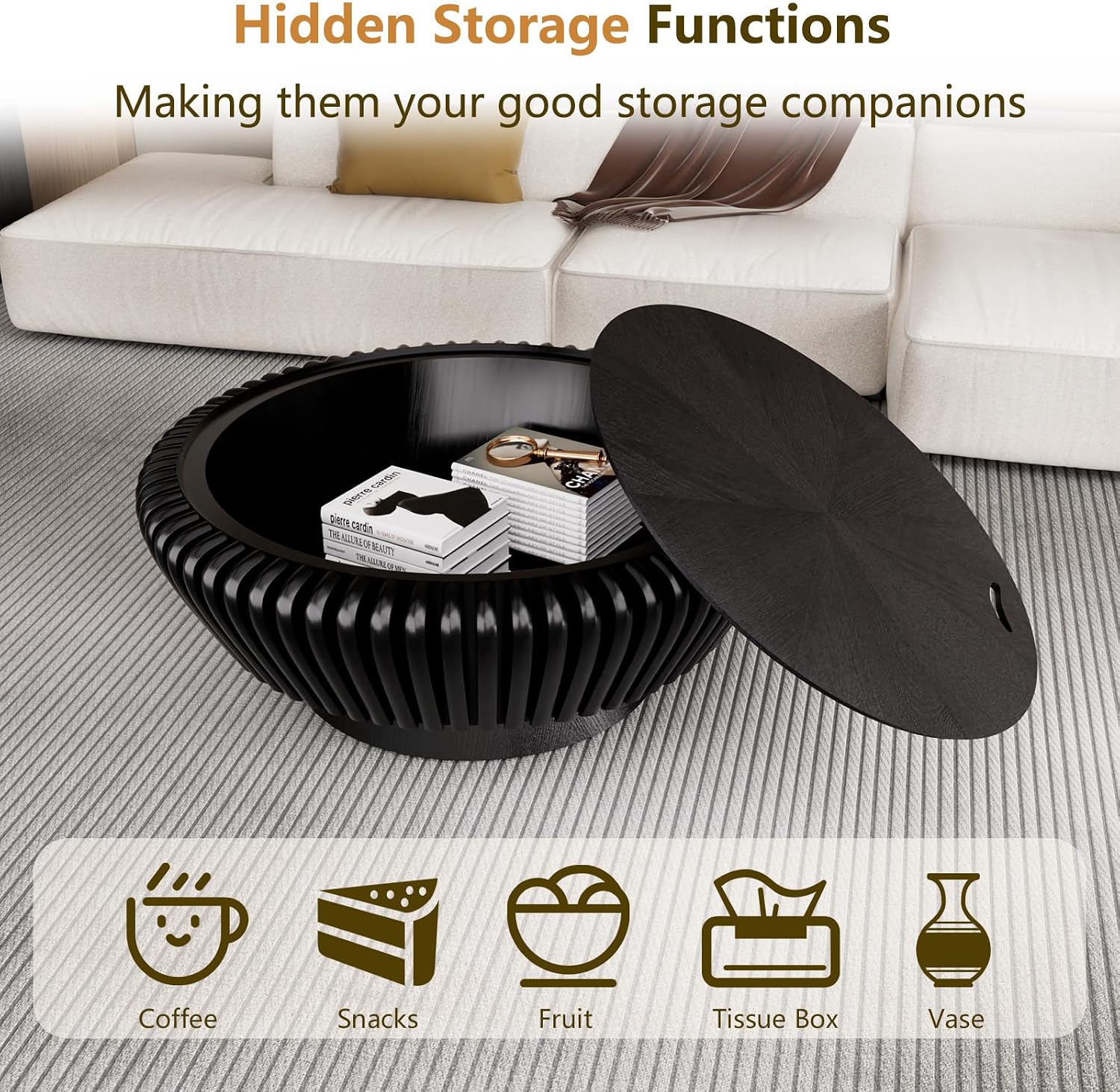 Modern Wood Fluted Round Coffee Table with Storage - Handcraft Drum Coffee Tables with Sturdy Base, Accent Center Table Small Circle Coffee Table for Living Room,Office, Apartment (Black 35.4')