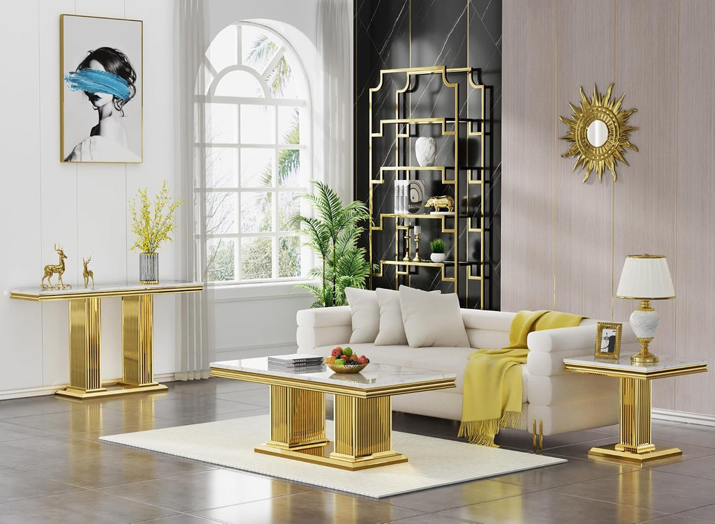 3 Pieces Living Room Table Set, Faux Marble Coffee Table Set of 3, Modern Coffee Table, Console Table and End Table with Column-Shaped Stainless Steel Base for Living Room Office White Gold