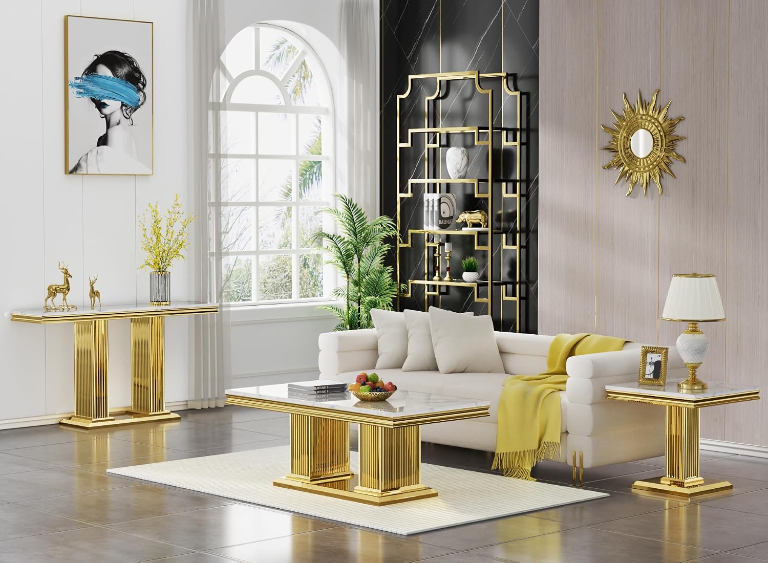 3 Pieces Living Room Table Set, Faux Marble Coffee Table Set of 3, Modern Coffee Table, Console Table and End Table with Column-Shaped Stainless Steel Base for Living Room Office White Gold