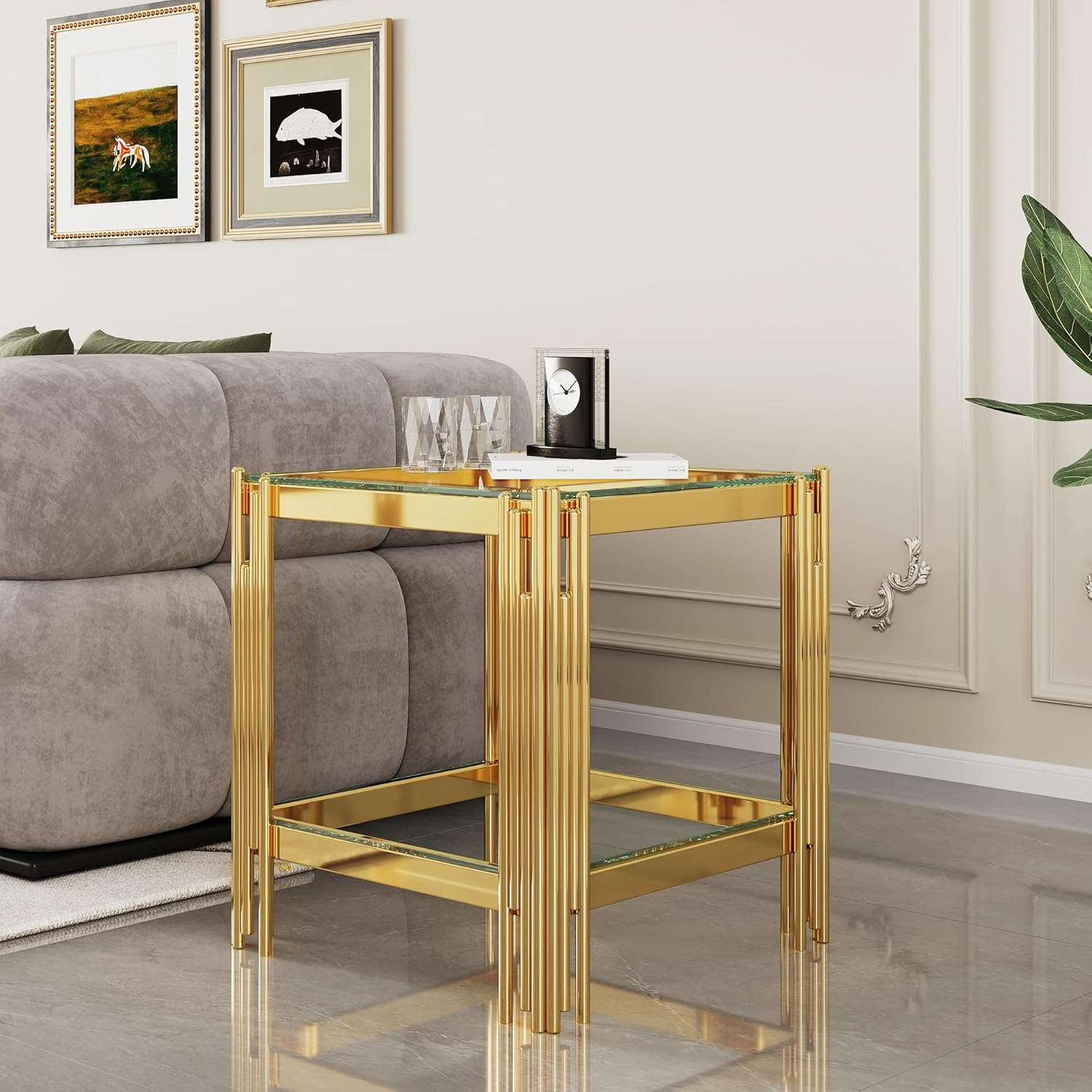 Luxury Gold Glass End Table,Sqaure Sofa Side Table with Shiny Geometric Stainless Steel Base,Clear Glass Accent End Table Bedside Table Nightstand for Living Room Bedroom Office
