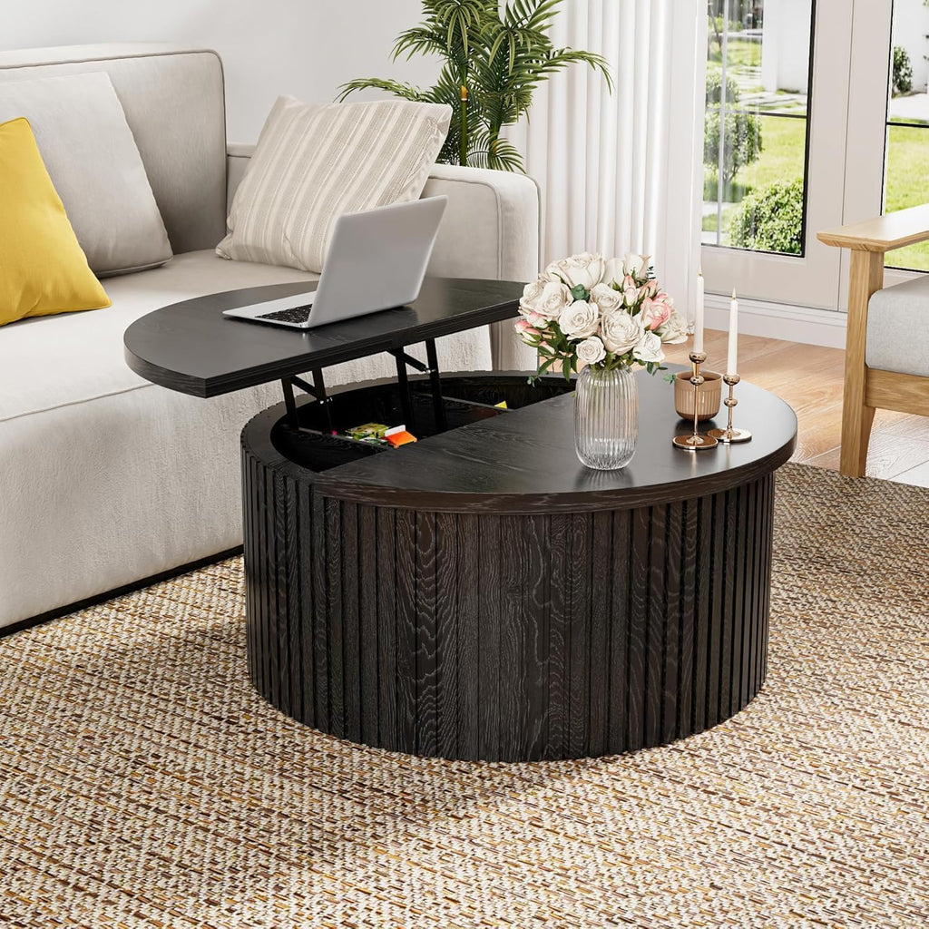 Fsbecl Round Lift Top Coffee Table with Storage, 31.6'' Modern Coffee Tables for Living Room, Fluted Wood Center Table for Office, Small Space (Black)