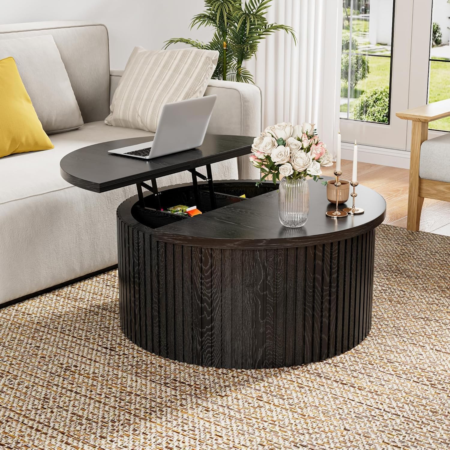 Fsbecl Round Lift Top Coffee Table with Storage, 31.6'' Modern Coffee Tables for Living Room, Fluted Wood Center Table for Office, Small Space (Black)