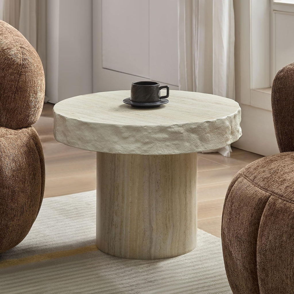 Modern End Table, 23.82'' Round Side Table, Faux Mars Top Small Drink Side Tables Accent Nightstand Living Room, Bedroom, Corners, Small Space, Full Assembly Beige