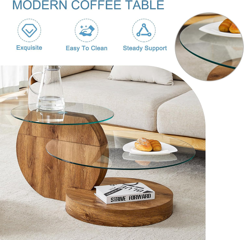 Glass Coffee Table 3 Tier Round Coffee Tables Tempered Clear Glass Top and Wood Table with Storage Modern Circle Coffee Table for Living Room (35.4' Wood)